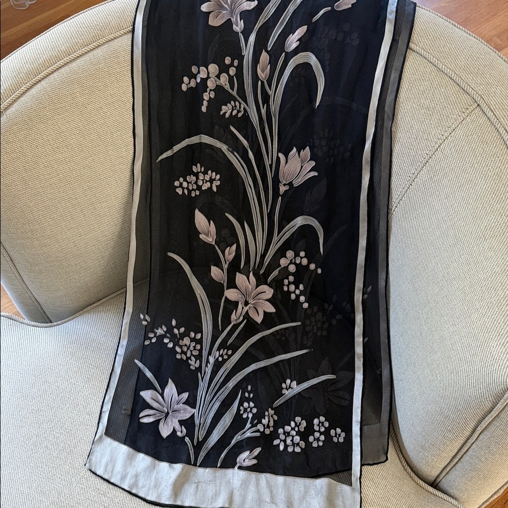 Delicate Theatrical Floral Cutout Silk Sheer Oblong Scarf VTG